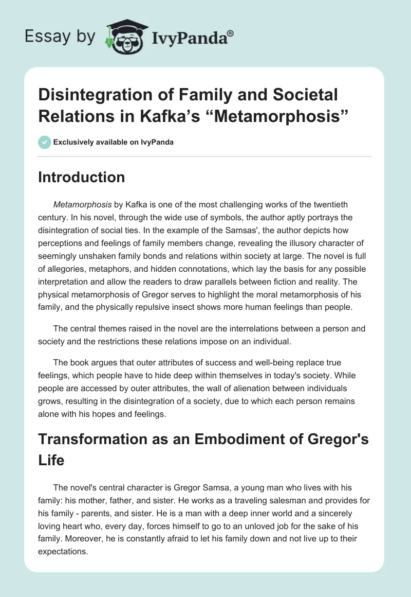 Disintegration of Family and Societal Relations in Kafka’s “The Metamorphosis”. Page 1