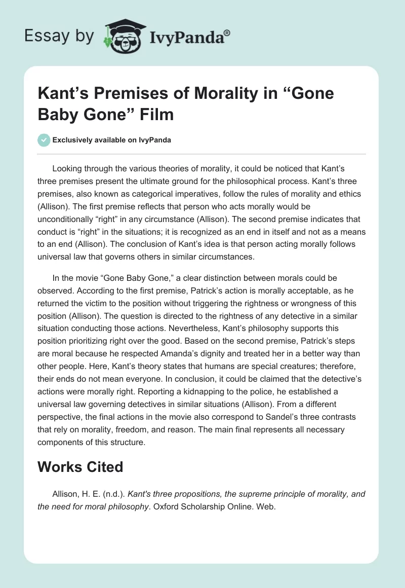 Kant’s Premises of Morality in “Gone Baby Gone” Film. Page 1