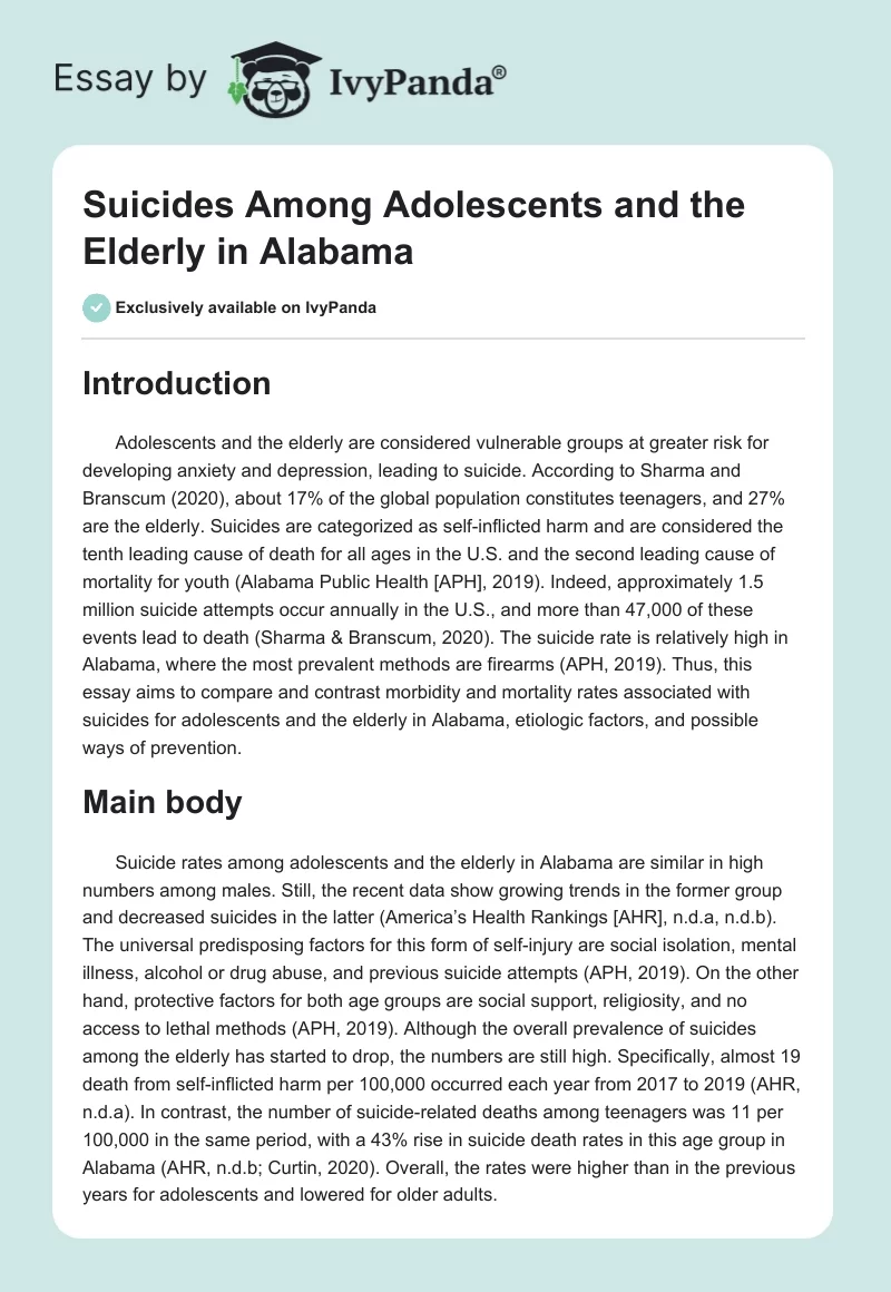 Suicides Among Adolescents and the Elderly in Alabama. Page 1