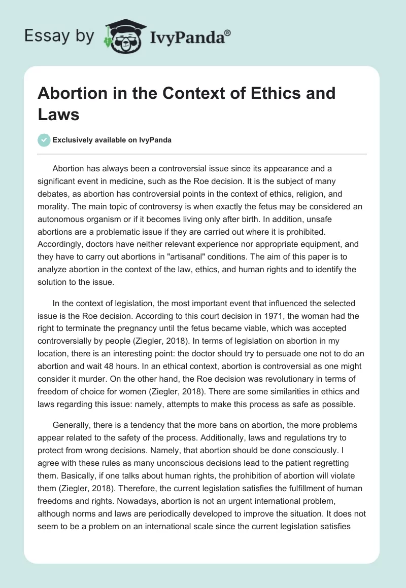 Abortion in the Context of Ethics and Laws. Page 1