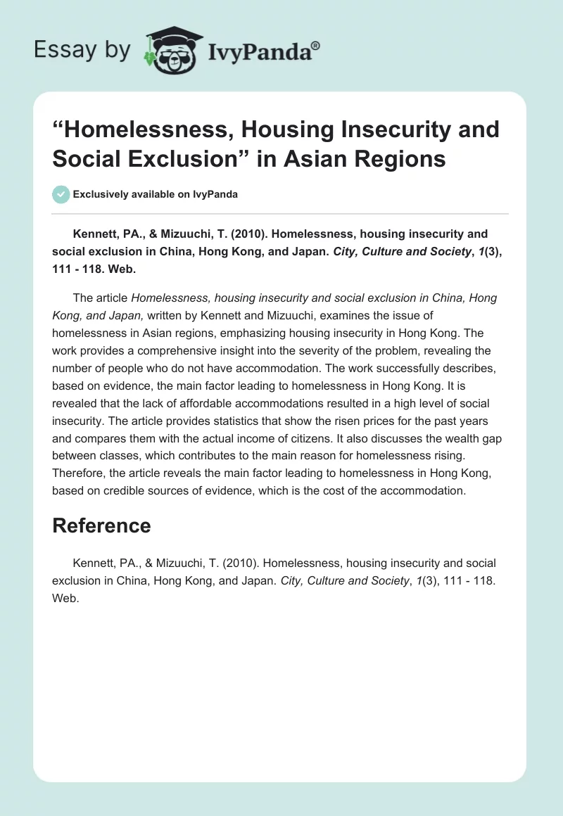 “Homelessness, Housing Insecurity and Social Exclusion” in Asian Regions. Page 1