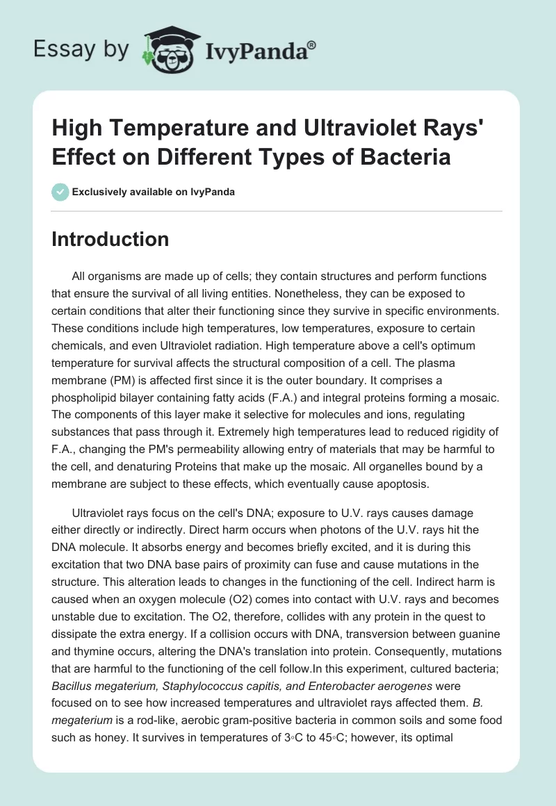 High Temperature and Ultraviolet Rays' Effect on Different Types of Bacteria. Page 1