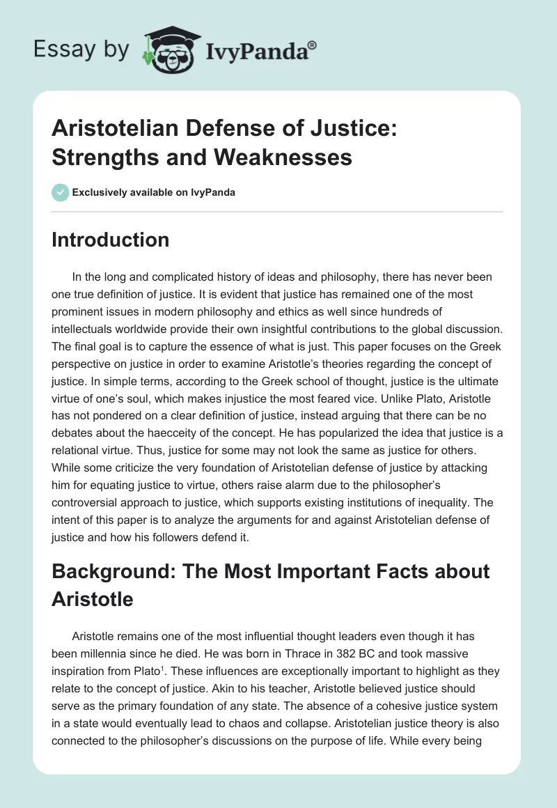 Aristotelian Defense of Justice: Strengths and Weaknesses. Page 1