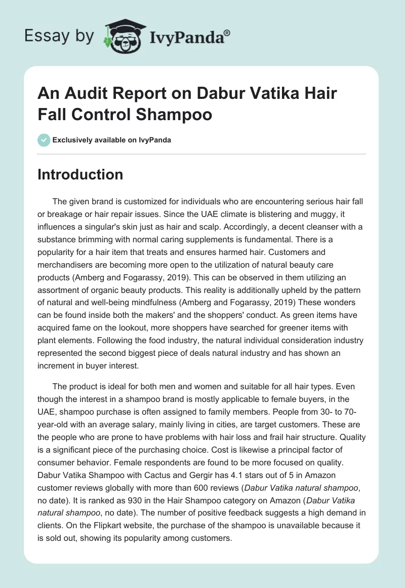 An Audit Report on Dabur Vatika Hair Fall Control Shampoo. Page 1