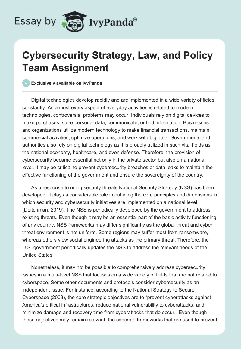 Cybersecurity Strategy, Law, and Policy Team Assignment. Page 1