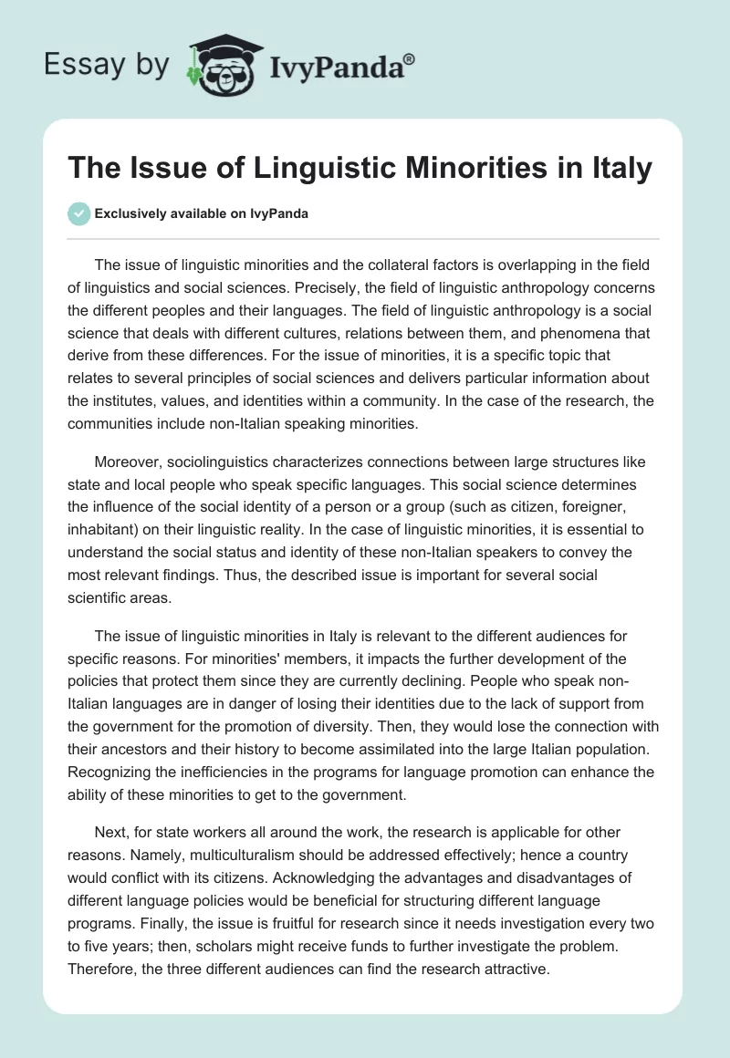 The Issue of Linguistic Minorities in Italy. Page 1