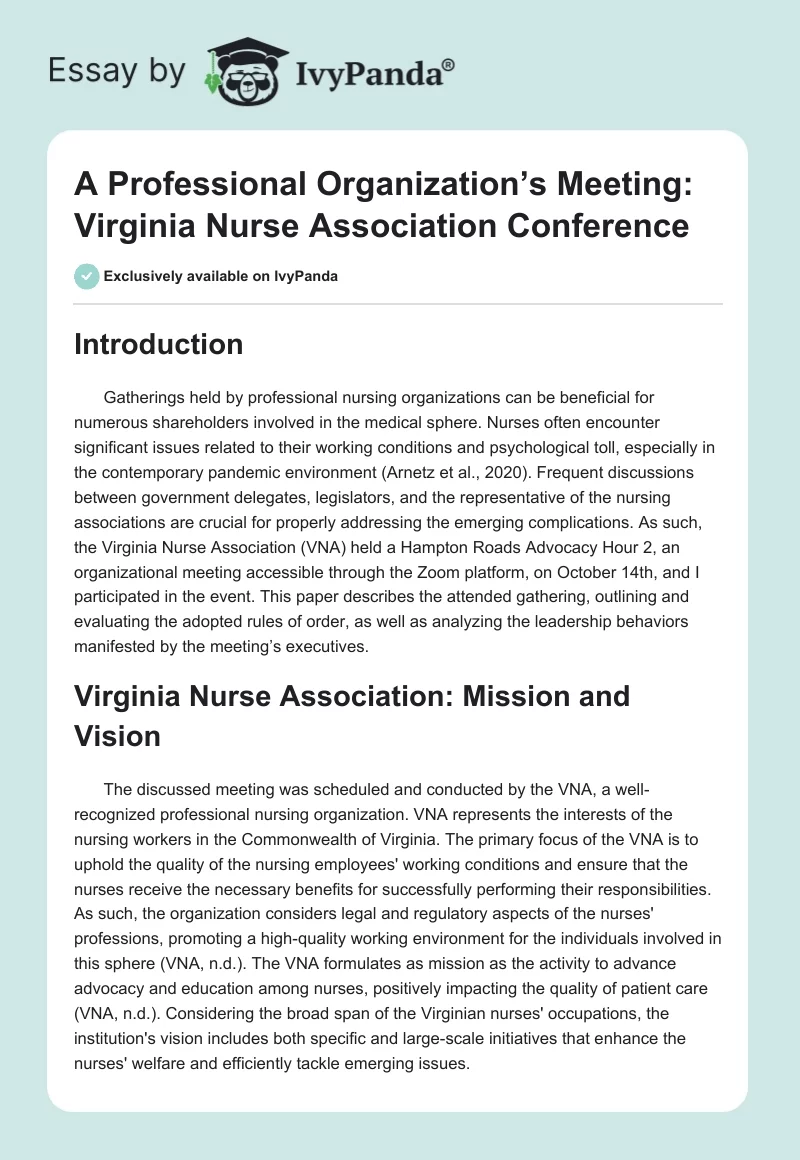A Professional Organization’s Meeting: Virginia Nurse Association Conference. Page 1