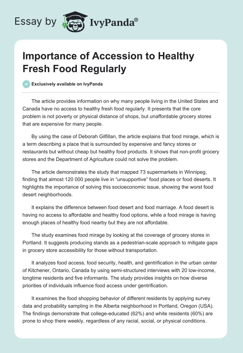 Importance of Accession to Healthy Fresh Food Regularly. Page 1