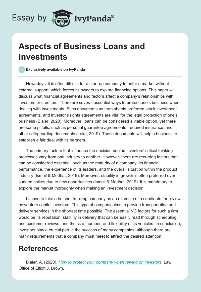 Aspects of Business Loans and Investments. Page 1
