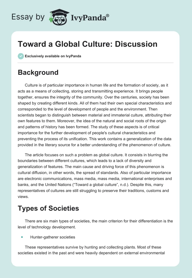 Toward a Global Culture: Discussion. Page 1