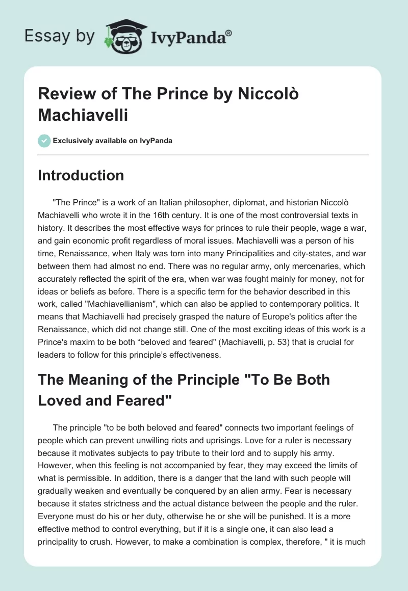 Review of "The Prince" by Niccolò Machiavelli. Page 1