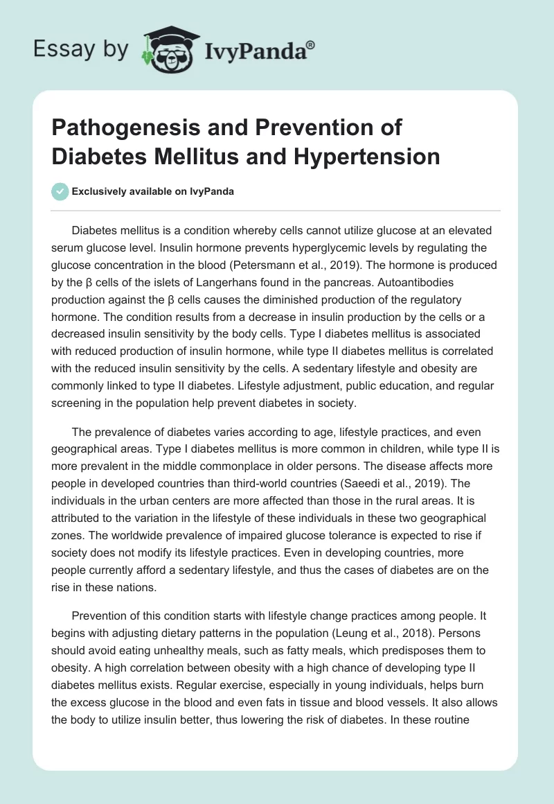 Pathogenesis and Prevention of Diabetes Mellitus and Hypertension. Page 1