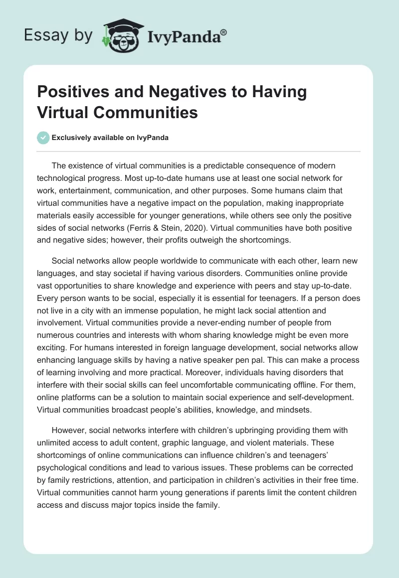 Positives and Negatives to Having Virtual Communities. Page 1