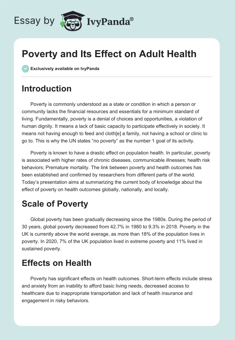 Poverty and Its Effect on Adult Health. Page 1