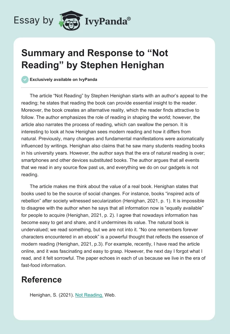 Summary and Response to “Not Reading” by Stephen Henighan. Page 1