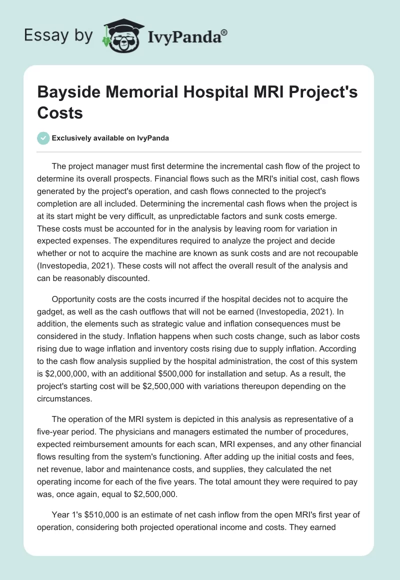 Bayside Memorial Hospital MRI Project's Costs. Page 1
