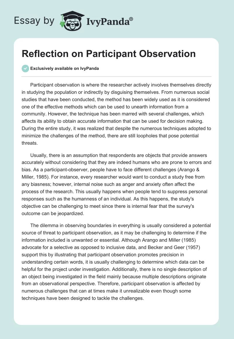 Reflection on Participant Observation. Page 1