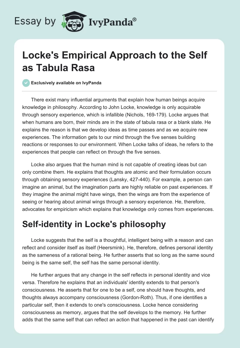 Locke's Empirical Approach to the Self as Tabula Rasa. Page 1
