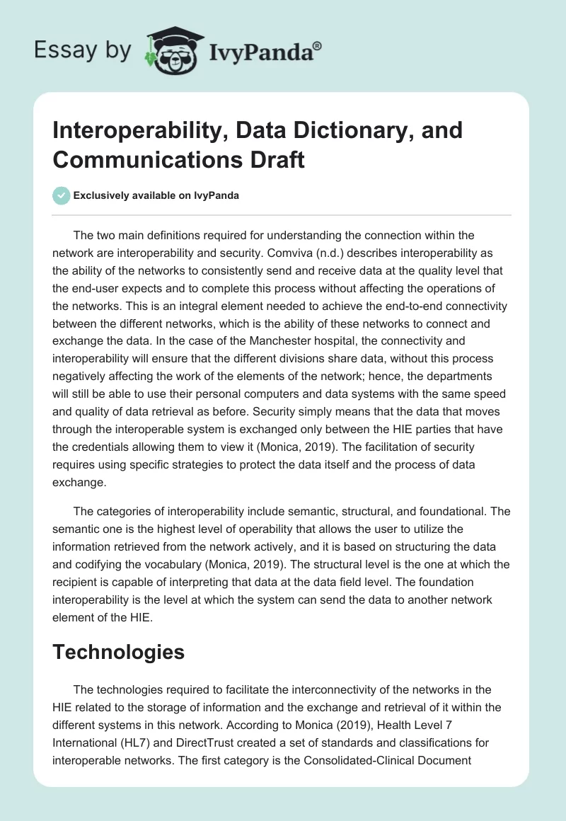 Interoperability, Data Dictionary, and Communications Draft. Page 1