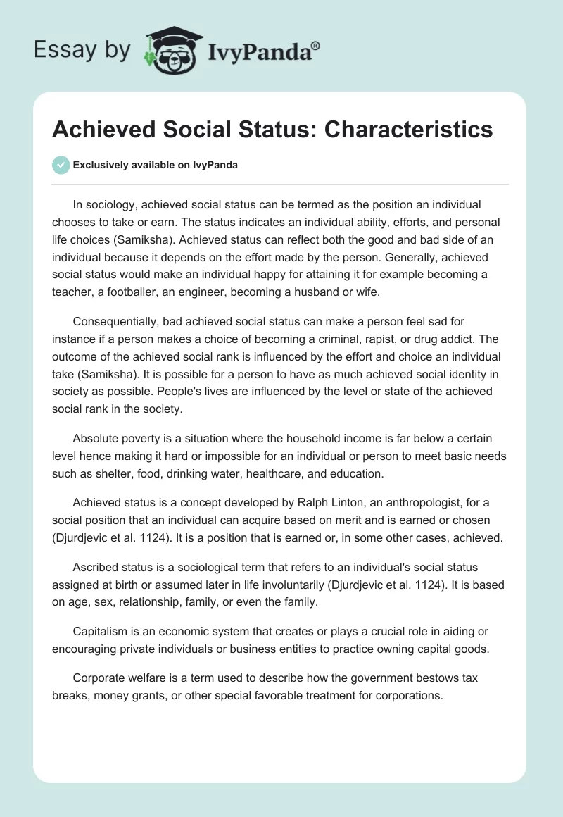Achieved Social Status: Characteristics. Page 1