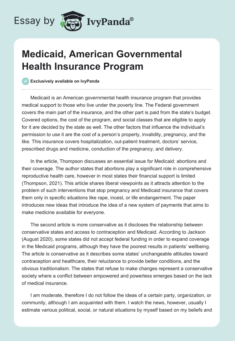 Medicaid, American Governmental Health Insurance Program. Page 1