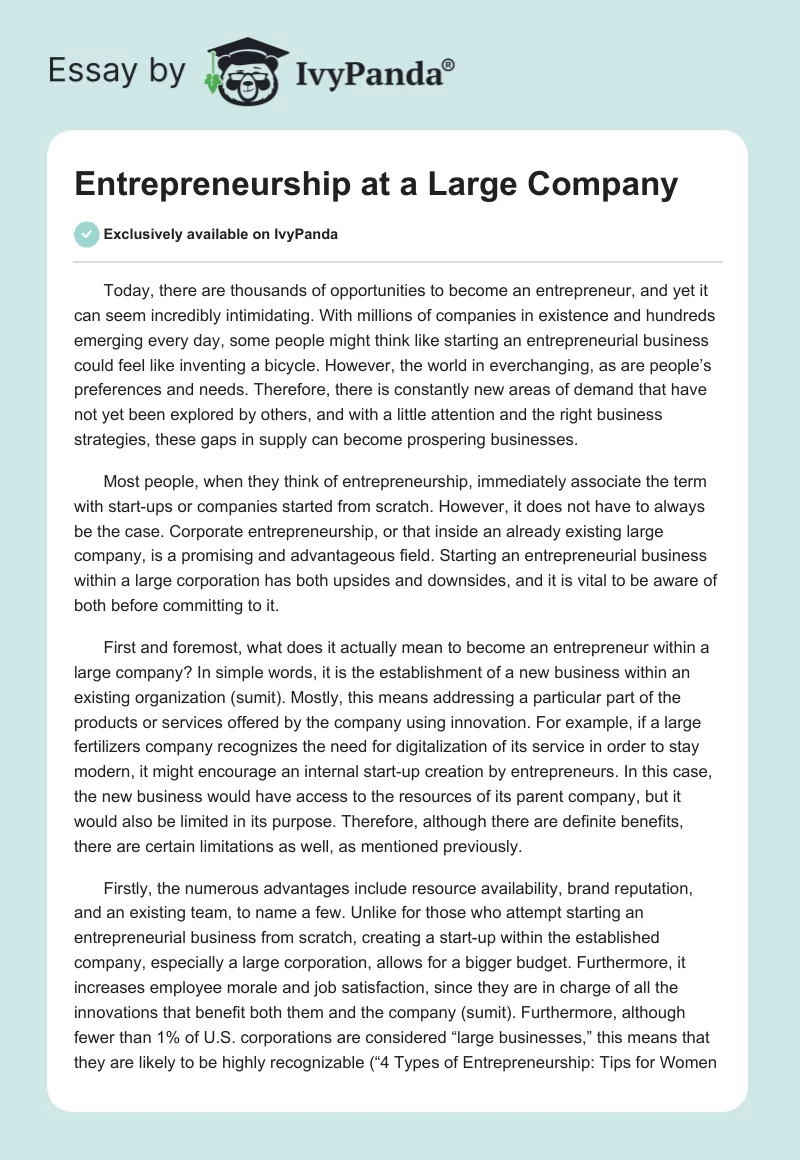 Entrepreneurship at a Large Company. Page 1