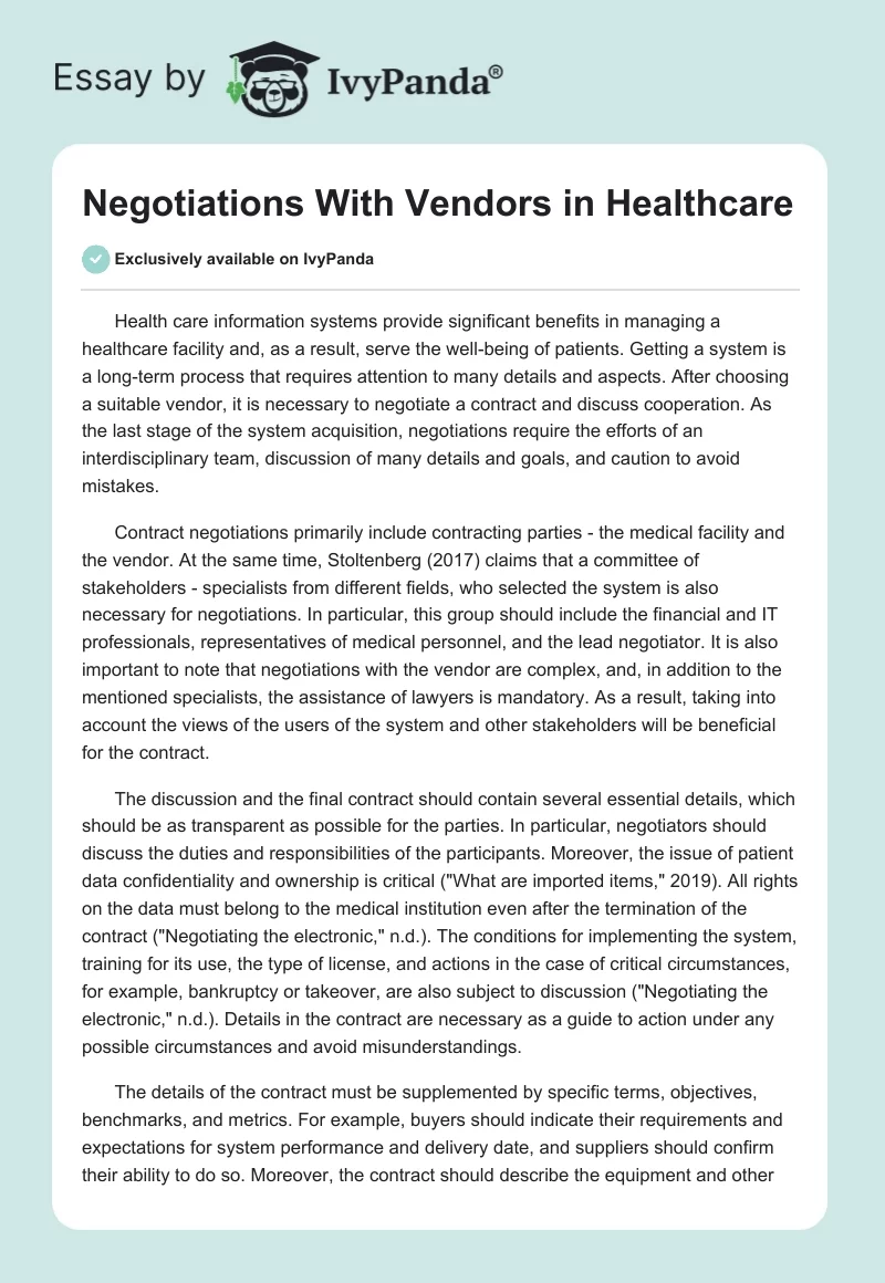 Negotiations With Vendors in Healthcare. Page 1