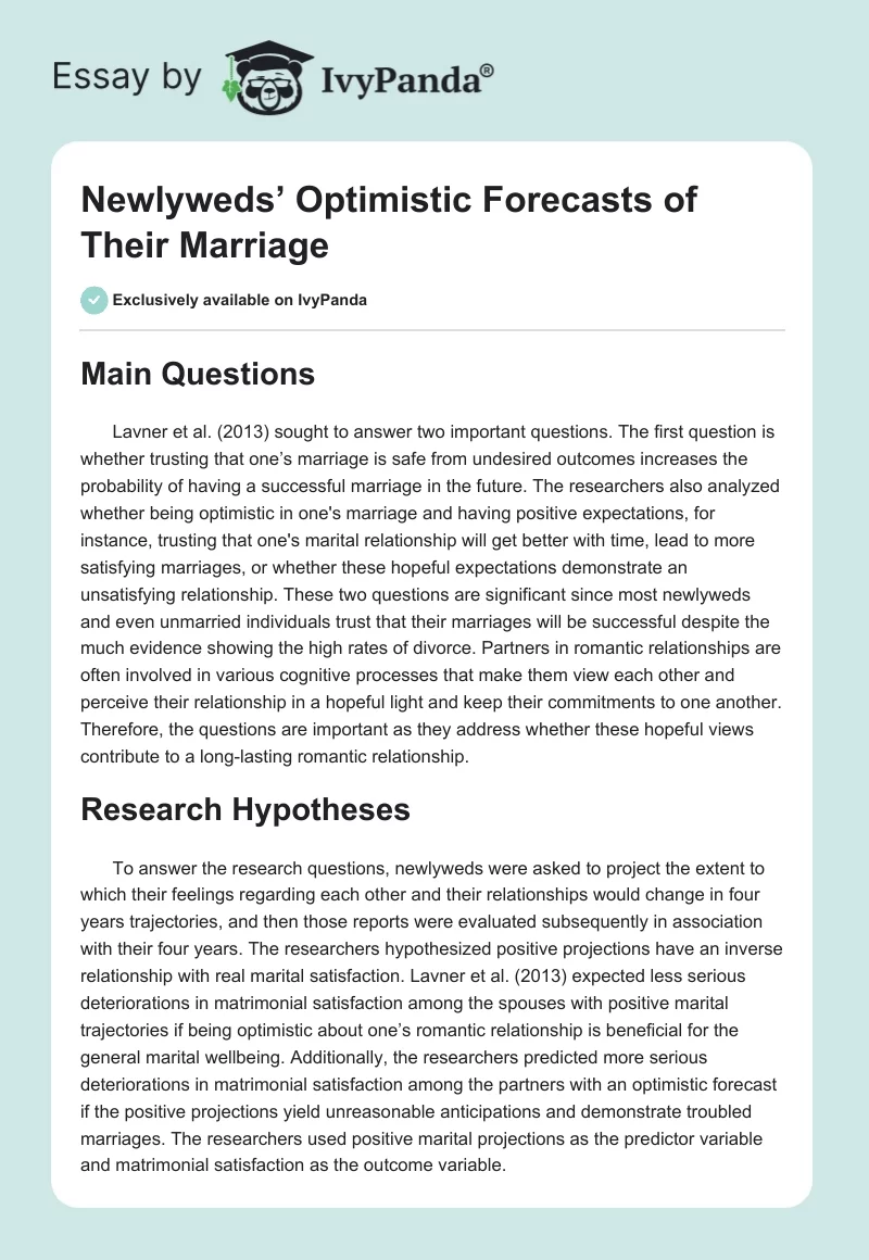 Newlyweds’ Optimistic Forecasts of Their Marriage. Page 1