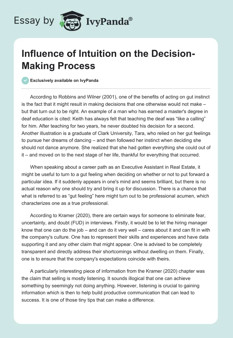 Influence of Intuition on the Decision-Making Process. Page 1