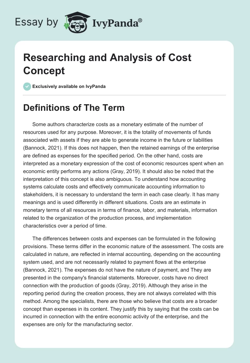 Researching and Analysis of Cost Concept. Page 1