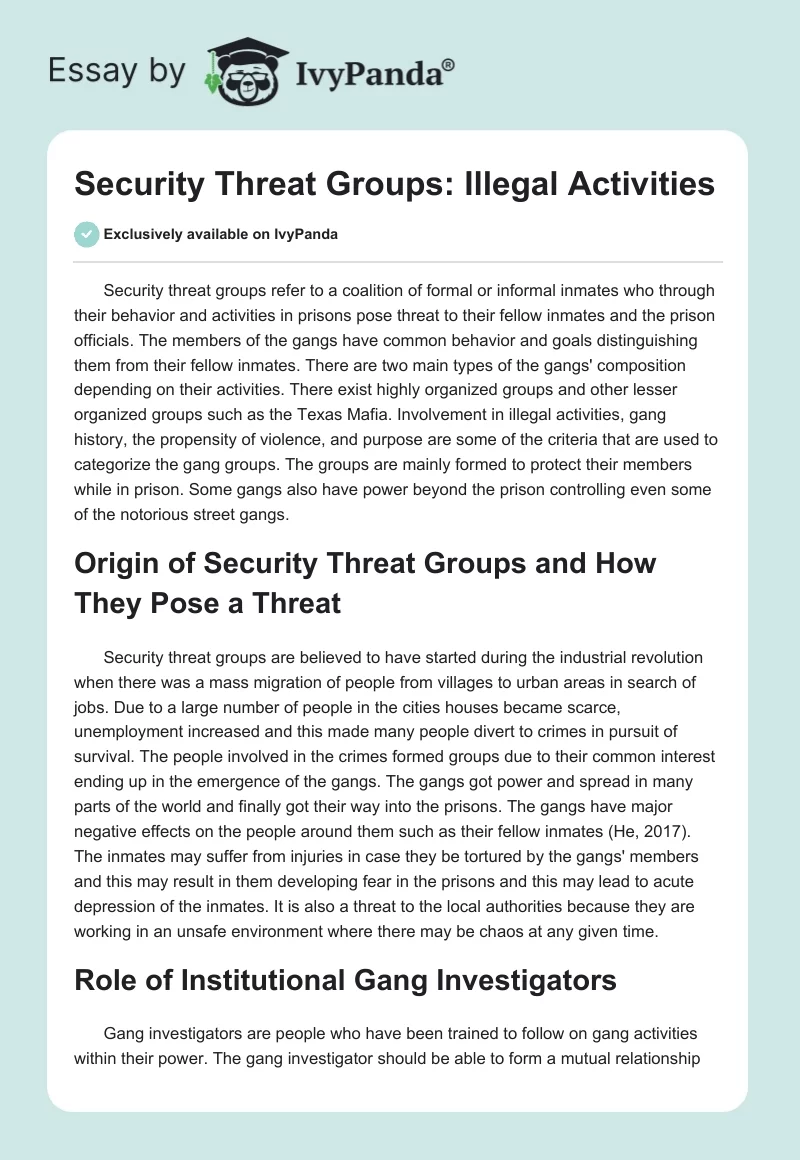 Security Threat Groups: Illegal Activities. Page 1