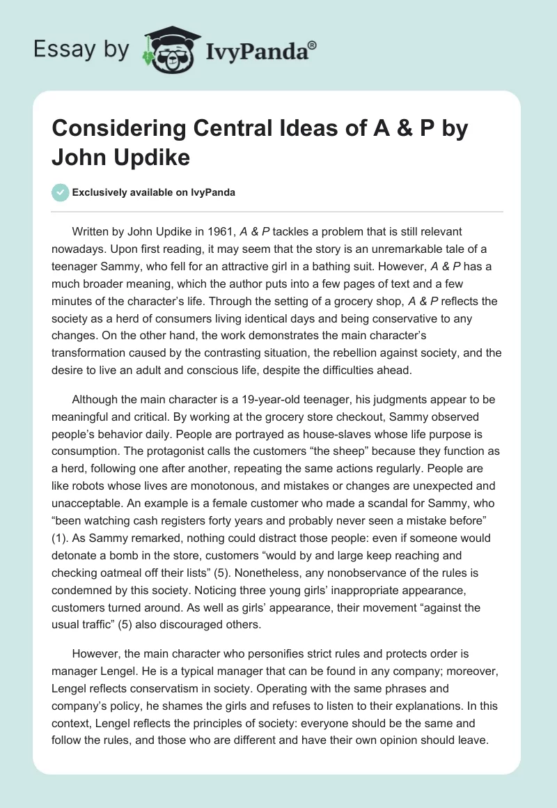 Considering Central Ideas of "A & P" by John Updike. Page 1