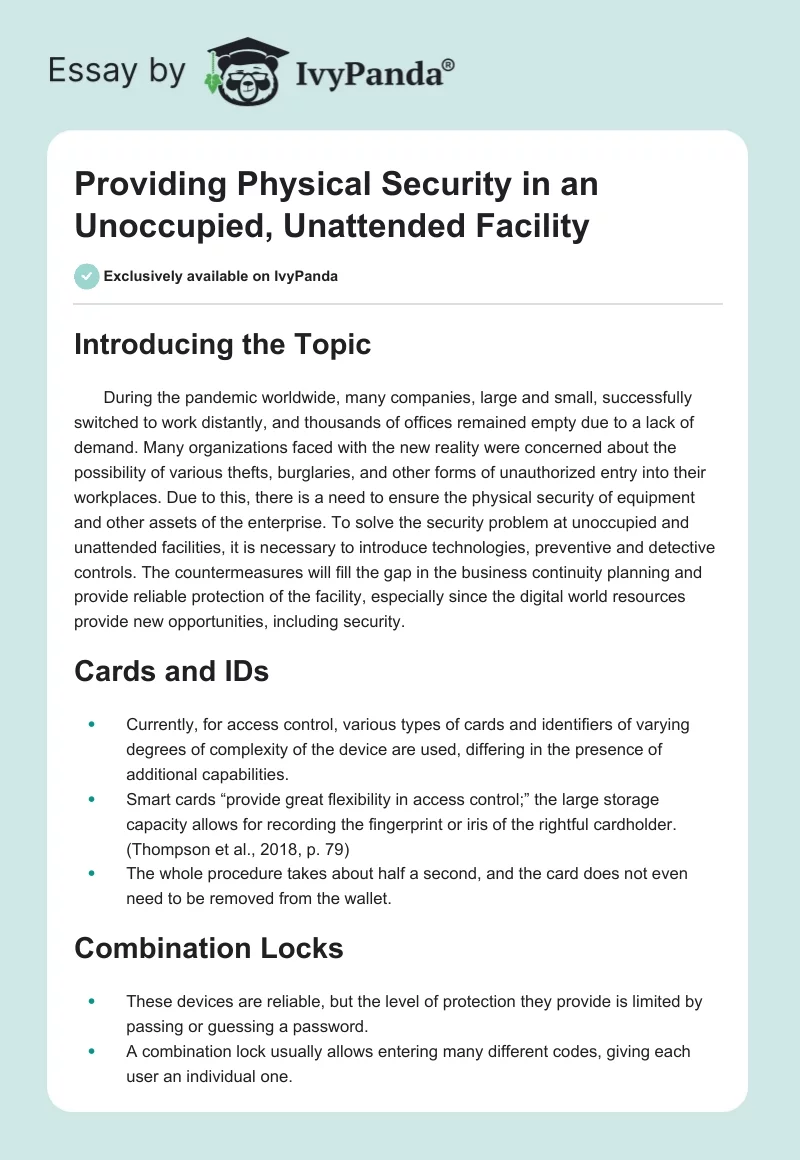 Providing Physical Security in an Unoccupied, Unattended Facility. Page 1