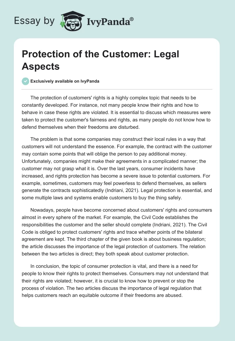 Protection of the Customer: Legal Aspects. Page 1