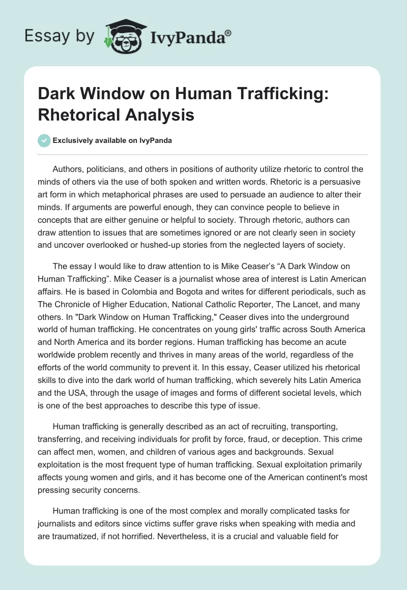 Dark Window on Human Trafficking: Rhetorical Analysis. Page 1
