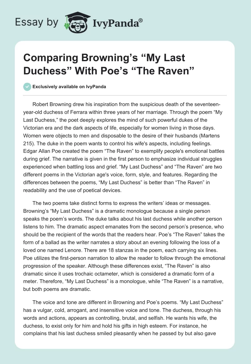 Comparing Browning’s “My Last Duchess” With Poe’s “The Raven”. Page 1