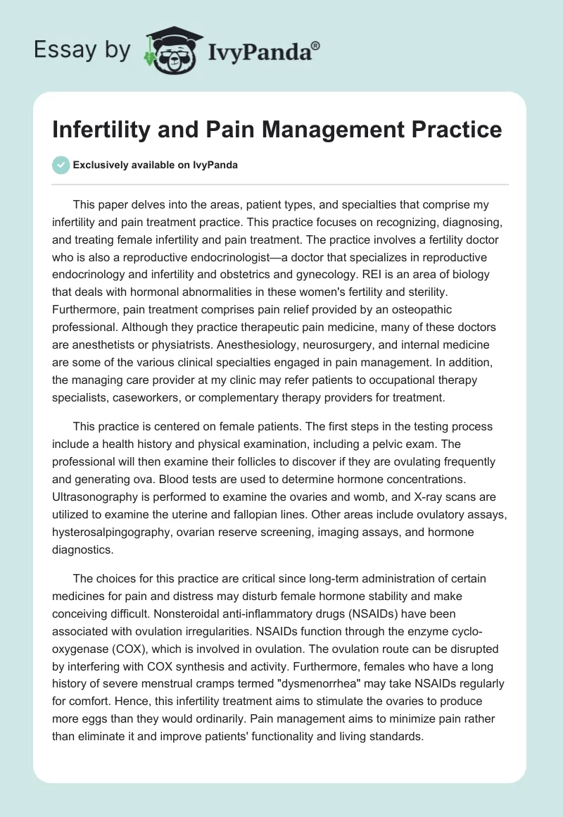 Infertility and Pain Management Practice. Page 1