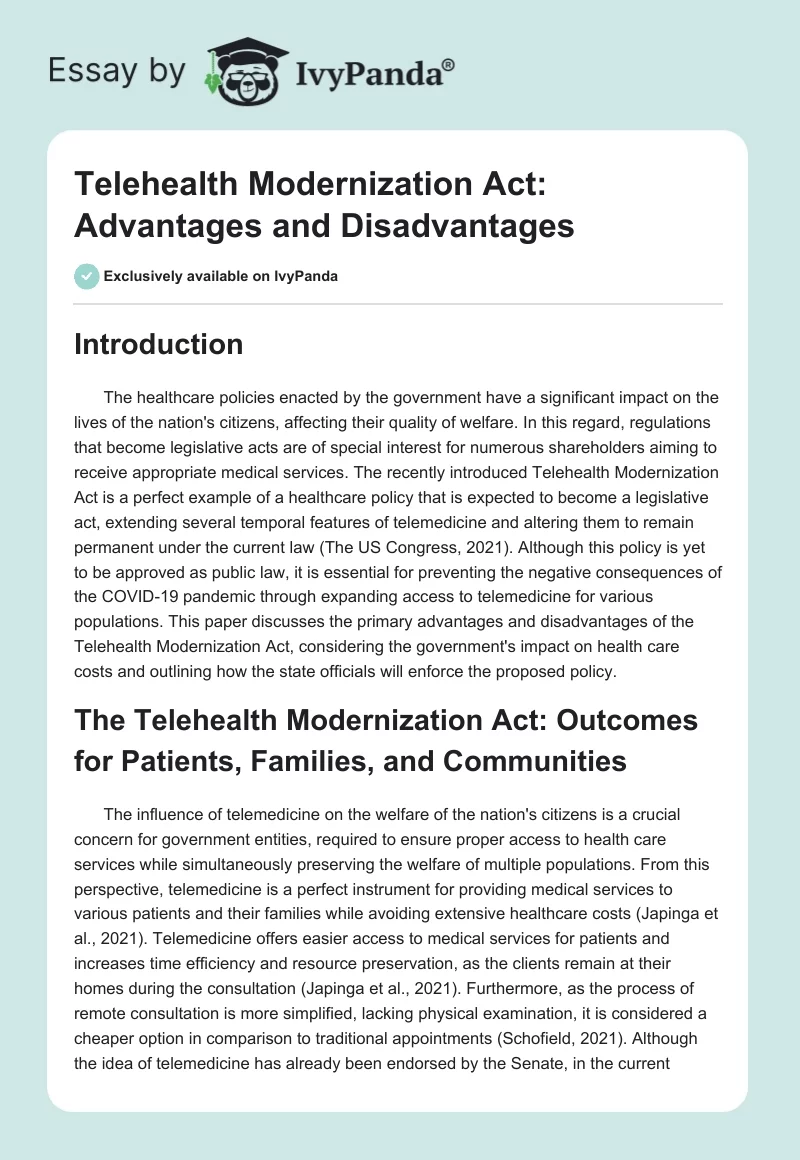 Telehealth Modernization Act: Advantages and Disadvantages. Page 1