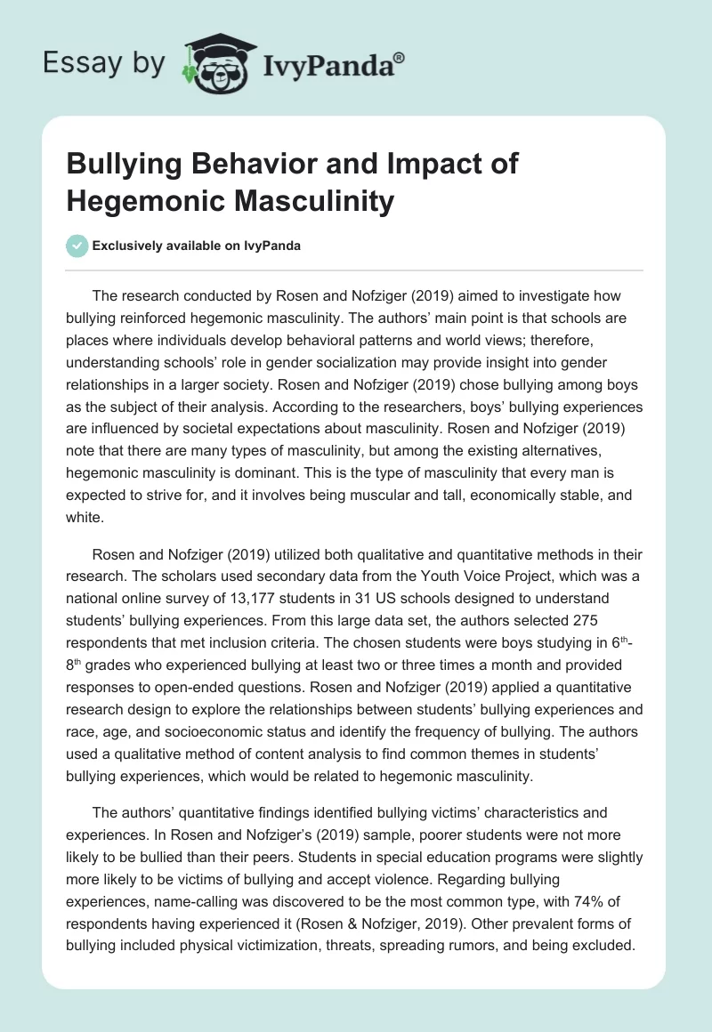 Bullying Behavior and Impact of Hegemonic Masculinity. Page 1