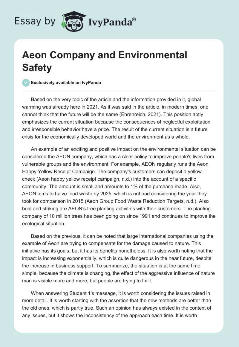 Aeon Company and Environmental Safety. Page 1