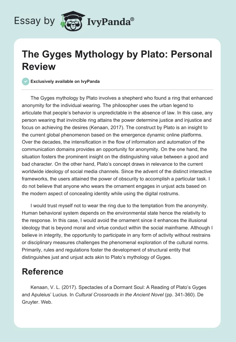 The Gyges Mythology by Plato: Personal Review. Page 1