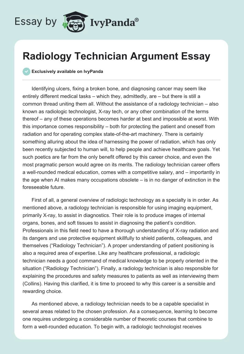 Radiology Technician Argument Essay. Page 1