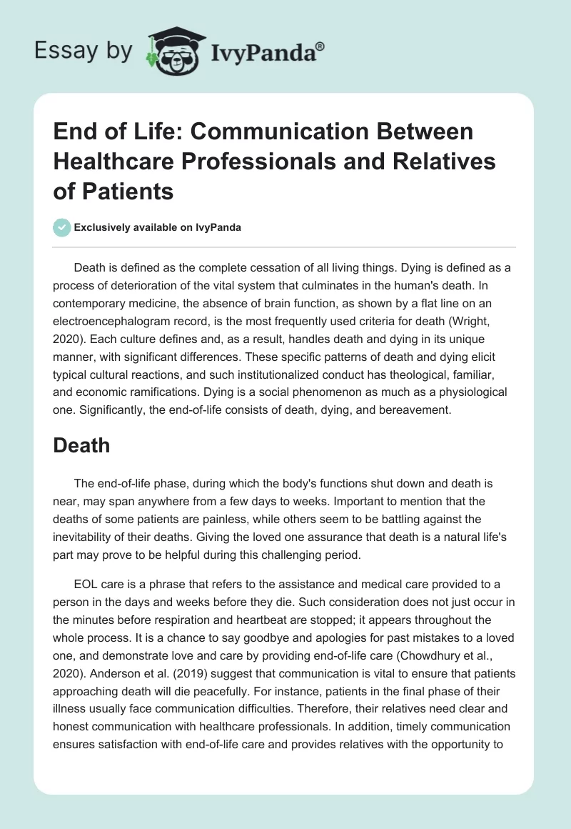 End of Life: Communication Between Healthcare Professionals and Relatives of Patients. Page 1