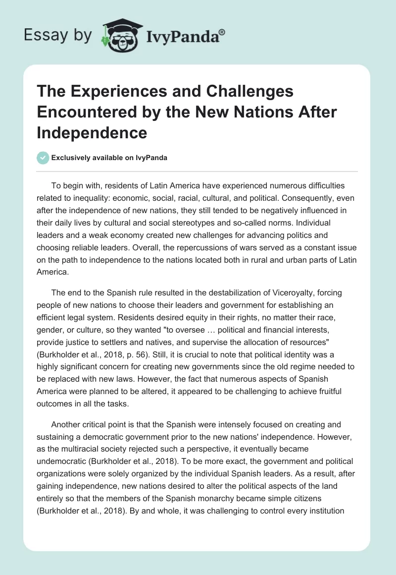 The Experiences and Challenges Encountered by the New Nations After Independence. Page 1