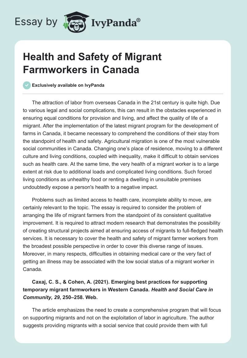 Health and Safety of Migrant Farmworkers in Canada. Page 1