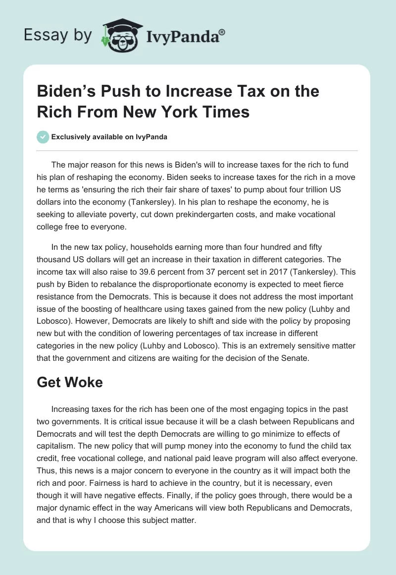 Biden’s Push to Increase Tax on the Rich From New York Times. Page 1