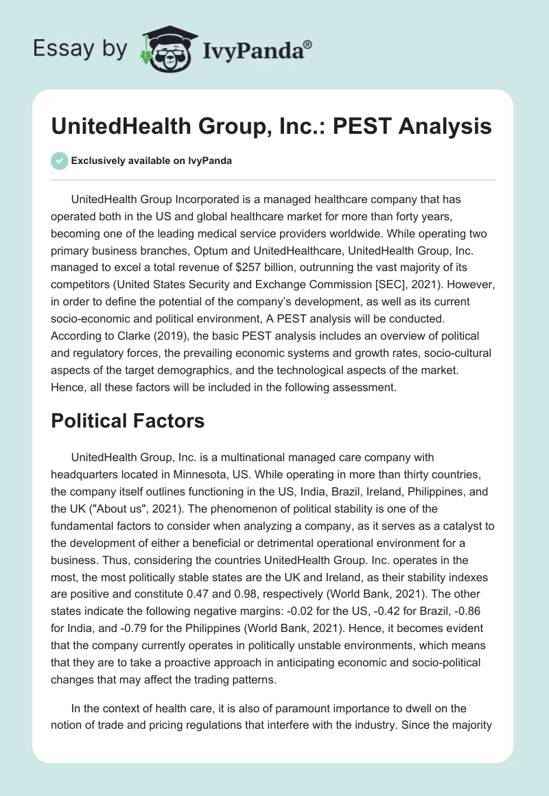 UnitedHealth Group, Inc.: PEST Analysis. Page 1