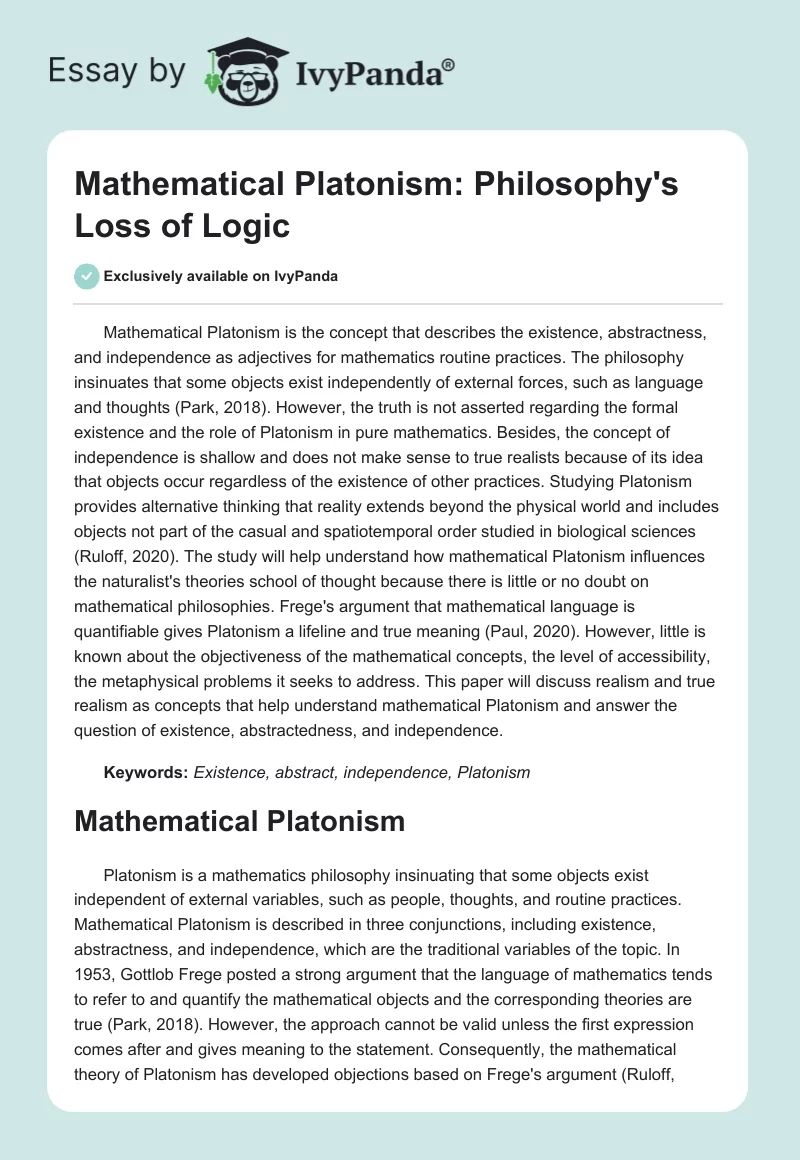 Mathematical Platonism: Philosophy's Loss of Logic. Page 1