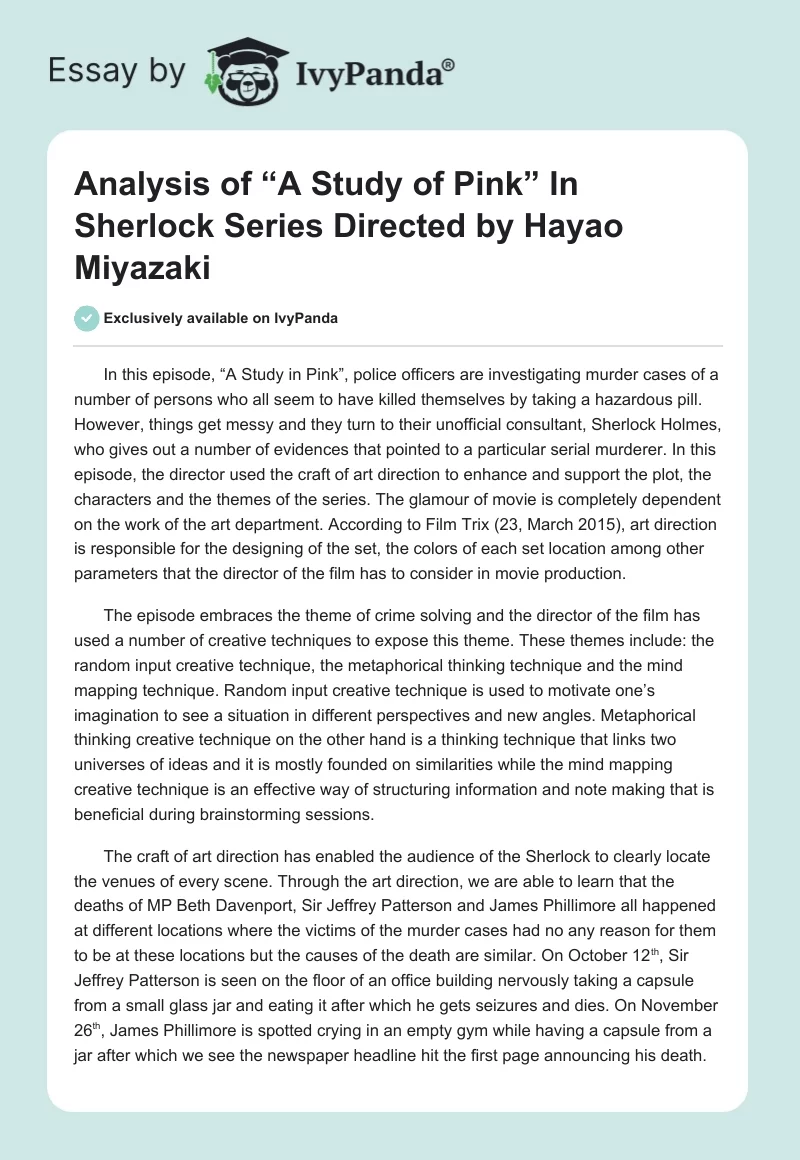 Analysis of “A Study of Pink” In Sherlock Series Directed by Hayao Miyazaki. Page 1