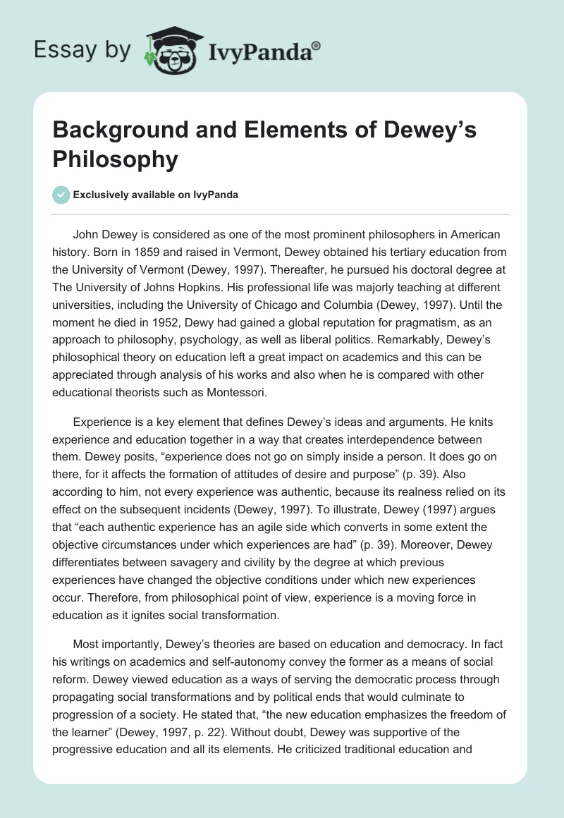 Background and Elements of Dewey’s Philosophy. Page 1